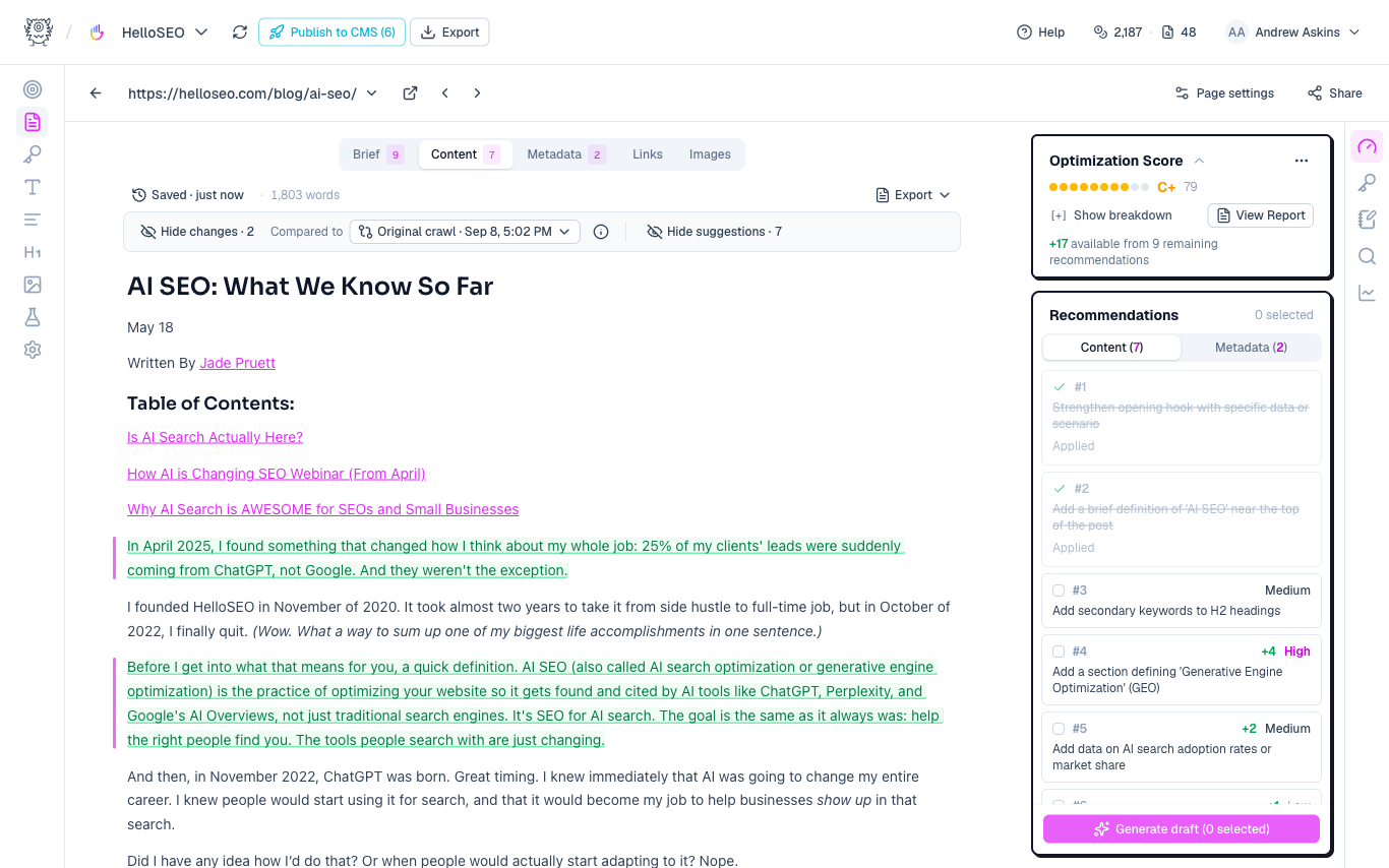 Content editor showing a generated draft with tracked changes, applied recommendations, and an optimization score
