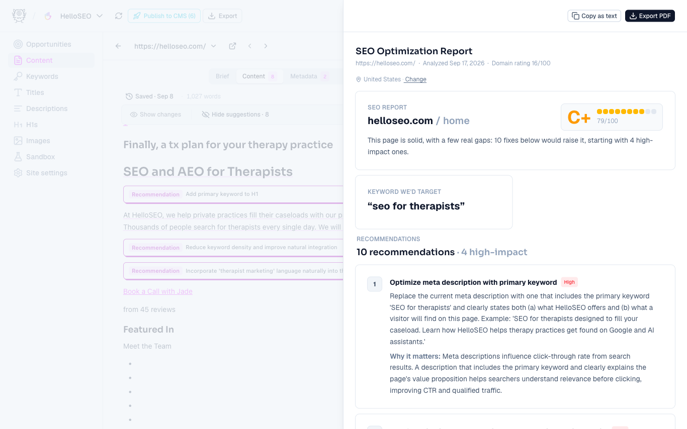 SEO optimization report with a letter grade and prioritized recommendations